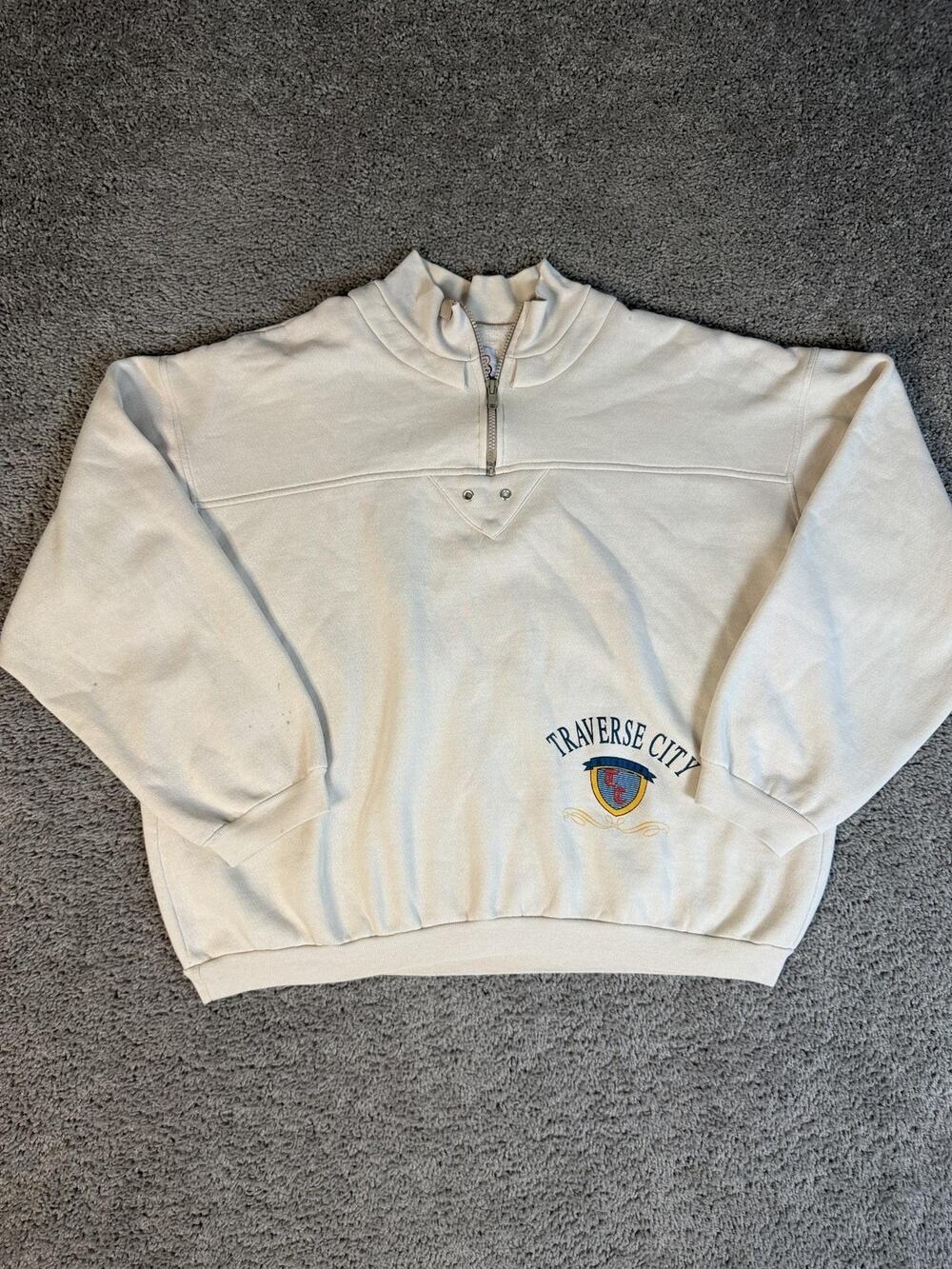 Vintage Traverse City Sweatshirt Mens XL Cream Michigan Pullover 1/4 Zip